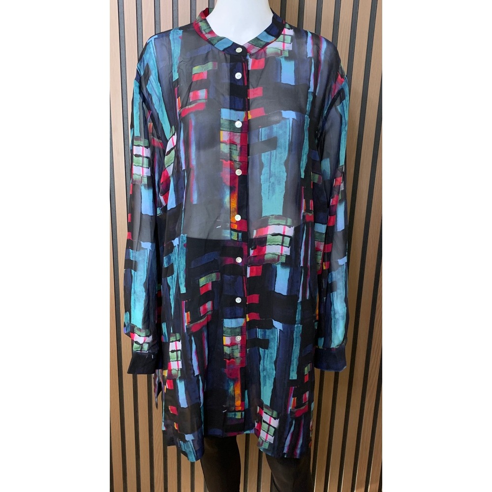 Go Silk Women's 100% Silk Abstract Geometric Print Blouse 2X Blue Lagenlook